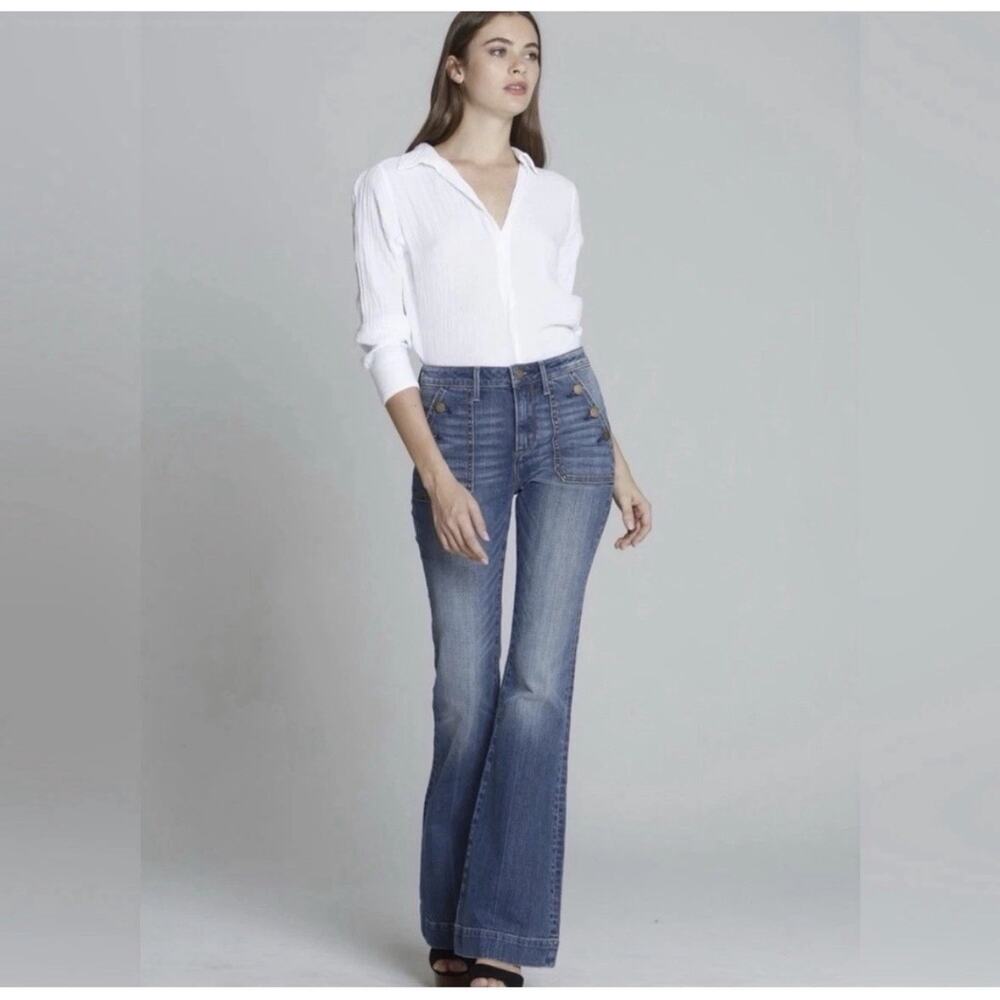 Driftwood Farrah Sailor Flare Jeans Blue Medium Wash Button Front High Rise 27 - Picture 2 of 12